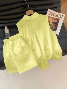 GlowEve Bộ 2 áo không tay thêu họa tiết du lịch thường ngày dành cho nữ + quần short - Màu vàng - Xem 2