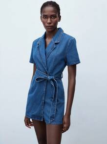 Maija Quần yếm denim và áo liền quần cho nữ, quần short liền quần tay ngắn bó sát, trang phục công sở thường ngày màu xanh lam cho nữ khi trở lại trường - Rửa tối - Xem 3