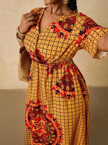 SHEIN VCAY Đầm dài tay lửng họa tiết hoa Boho cổ chữ V cỡ lớn, eo cao, phong cách du lịch thường ngày dành cho nữ, mùa thu - Màu vàng - Xem 1