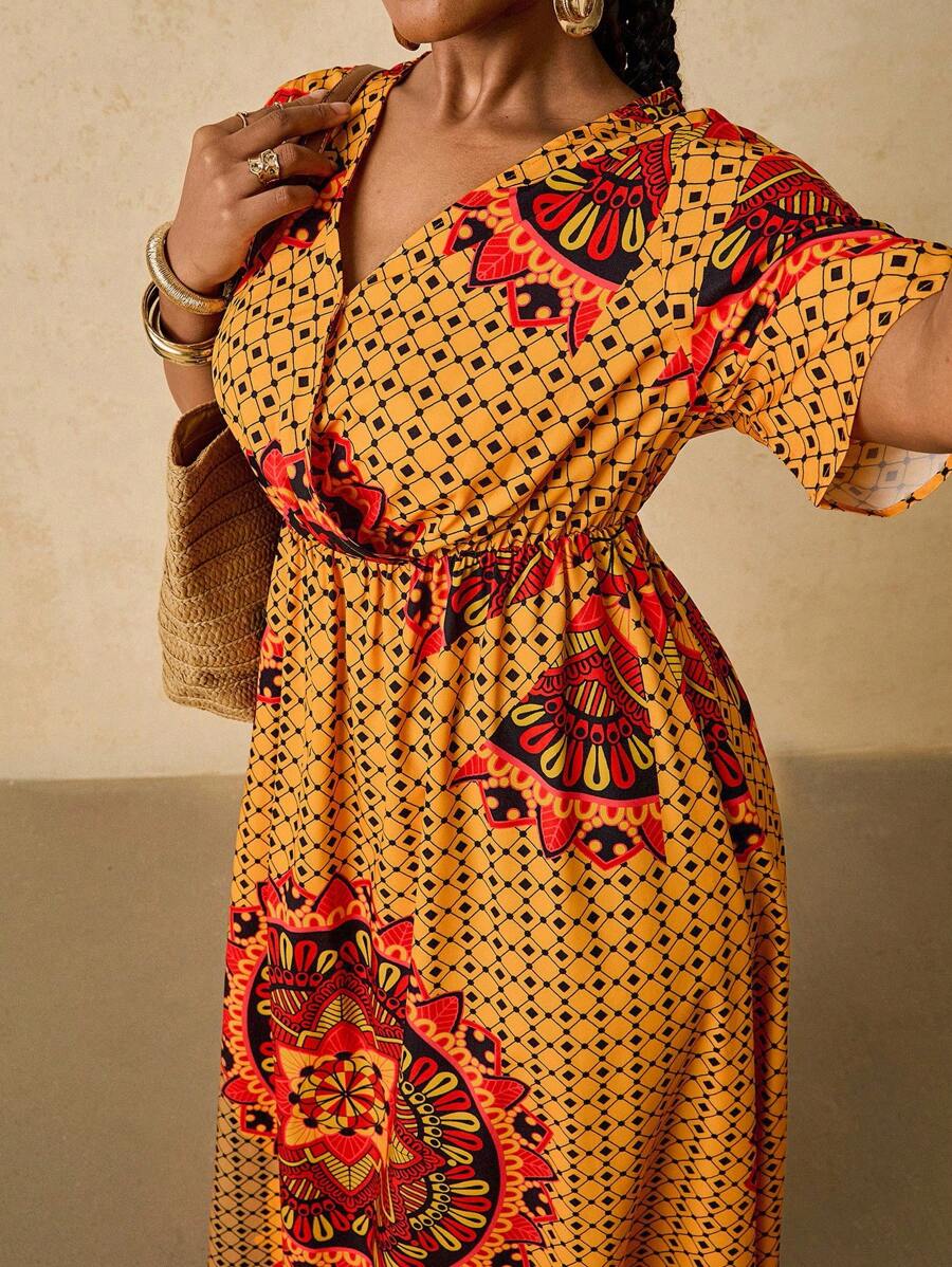 SHEIN VCAY Đầm dài tay lửng họa tiết hoa Boho cổ chữ V cỡ lớn, eo cao, phong cách du lịch thường ngày dành cho nữ, mùa thu - Màu vàng - Xem 1