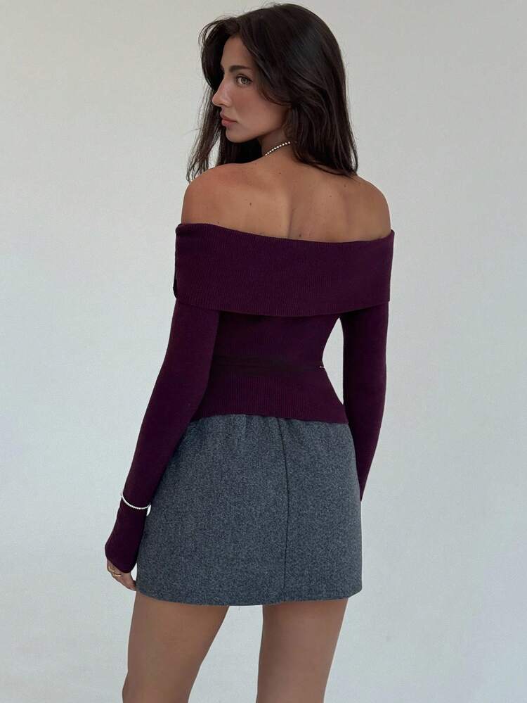 Aloruh New Minimalist Off Shoulder Twist Design Fitted Pullover Long Sleeve Sweater Comfortable Base Layer Top In Fall/Winter - Yellow - View 2