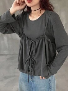 FRIFUL Women's Casual Solid Color 2 In 1 T-Shirt,Fall Women Clothes Cinched Waist Top Waffle Knit Top Dark Grey Top Ruched Top Drawstring Top Long Sleeve Top - Grey - View 2