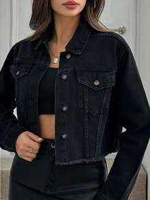 EURMUSE Women's Front Button Long Sleeve Pocket Simple Jacket, Casual Daily Wear - Black - View 6