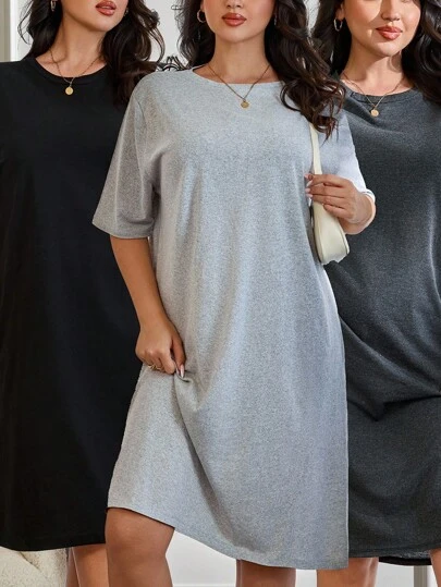 EURMUSE Plus Size Casual Plain Round Neck Short Sleeve Casual Loose Dress For Summer