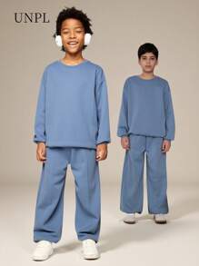2 pezzi/set, maglione girocollo blu in morbida pile di qualità vintage e pantaloni in velluto a coste per ragazze alla moda, adatto per autunno/inverno, caldo, all'aperto, streetwear, casual, casa, viaggio
