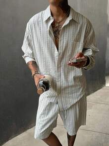 Manfinity Dauomo Men's Casual Striped Long Sleeve Pocket Shirt And Shorts Set - Apricot - View 1