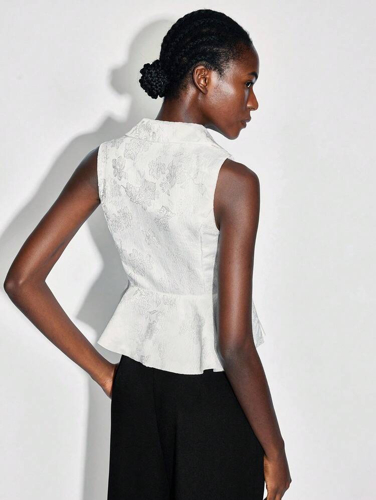 SHEIN Maija 2025 Elegant Woven Wave Hem Shirt Collar White Jacquard Women Top, Suitable For Early Autumn Back To School & Party Season White Sleeveless Top White Elegant Top White Blouse Elegant Sleeveless Blouse White Top For Women, Fall For Women, Winter For Women, Winter, Night Out, Going Out Tops Women, Night Out, Date Night, Old Money Style