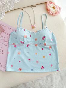 PetitDoll 女士休闲草莓印花蝴蝶结装饰吊带背心