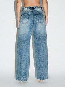 KIZN Blugi din denim cu talie înaltă, cu picior larg, inspirați din stilul vintage, pantaloni lungi clasici, distressed, cu tiv brut, pentru o garderobă modernă, stil stradal esențial