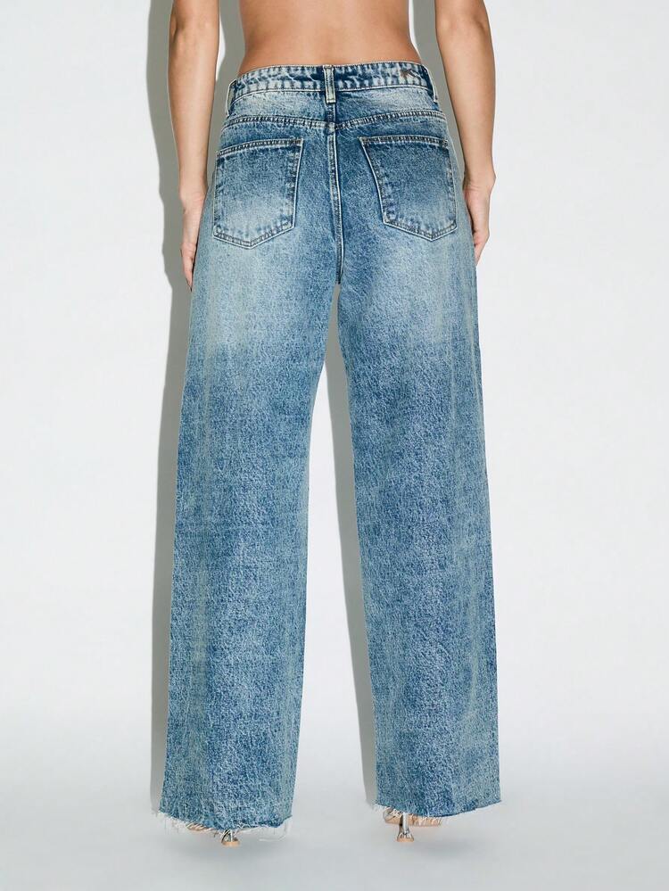 KIZN Wide Leg Raw Hem Denim Jeans With Distressed Detail