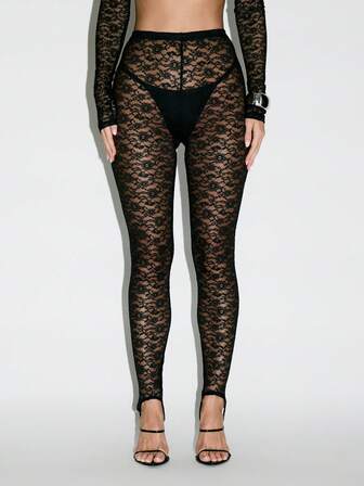 KIZN Sheer Lace Pattern High Rise Leggings Stirrup Design Party Evening Elegant Statement Piece All Over Floral Design Mesh See Through
