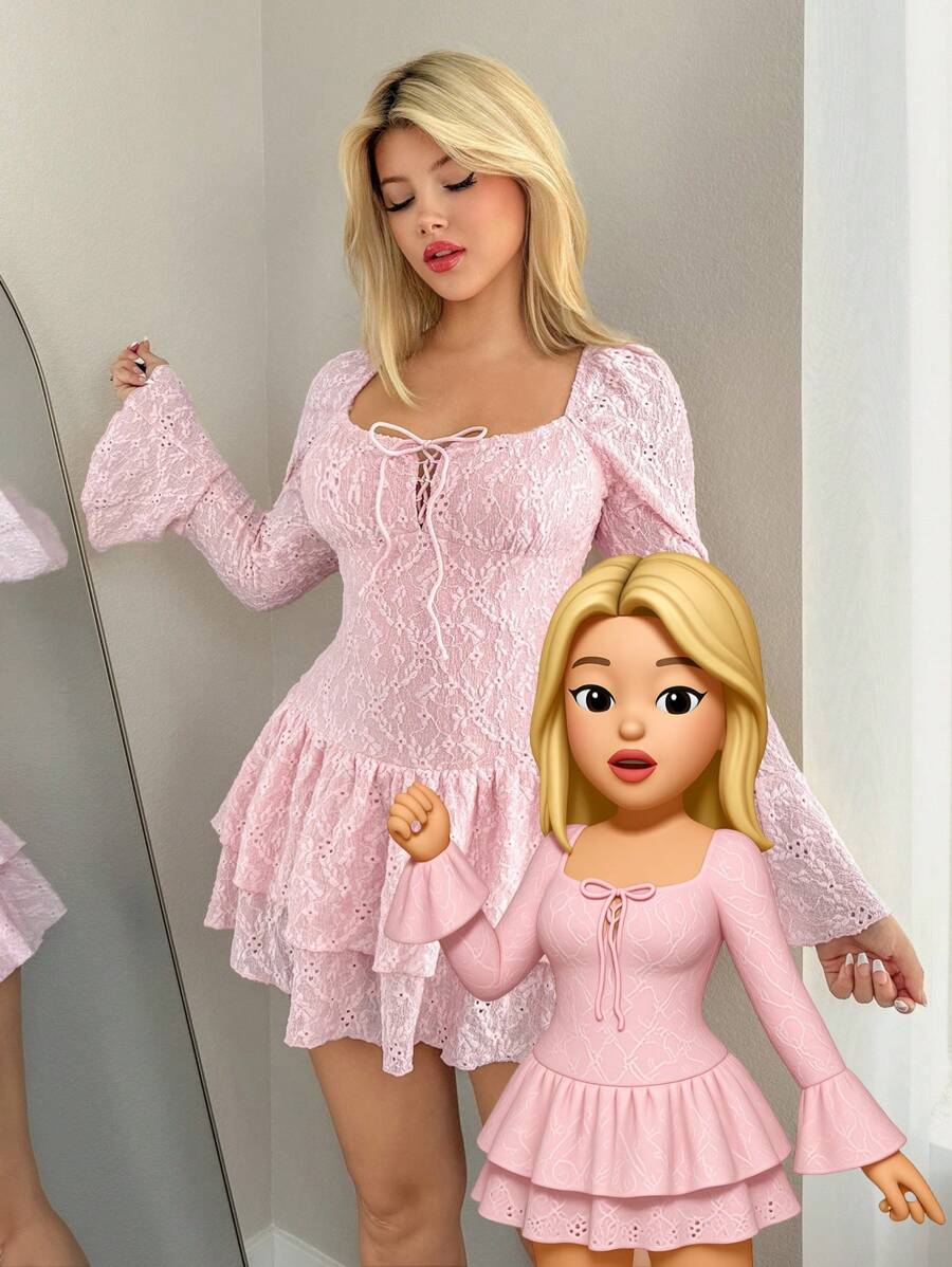 Sweetina Fall Women's Pink Square Neck Party Ruffle Embroidered Tie-Up Design Flare Sleeve Ruffle Hem Fashion Mini Dress - Pink - View 1