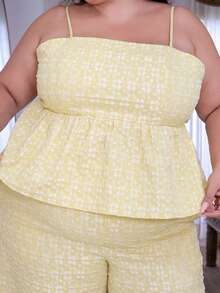 Pretty and Ole 大码女装春夏时尚休闲舒适日常立体纹理面料荷叶边吊带上衣和阔腿裤奶油黄色可爱两件套，欧洲夏季，度假装，裤子套装，夏威夷装女装 - 黃色 - 查看 8