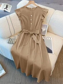 Franclia Khaki,Summer,Elegant,Tea Party Women's French Style Round Neck Flutter Sleeve Elastic Waist Faux Pearl Button Mid-Length Dress For Vacation&Commute - Khaki - View 5