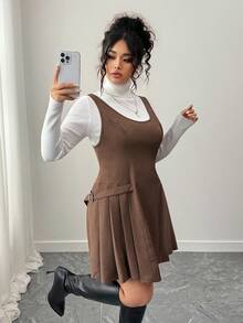 Elenzga Plus Size Women's New Autumn/Winter Fashionable U-Neck Fitted Romantic A-Line Mini Dress - Brown - View 1