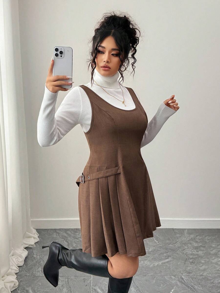 Elenzga Plus Size Women's New Autumn/Winter Fashionable U-Neck Fitted Romantic A-Line Mini Dress - Brown - View 1