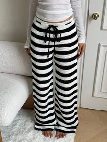 SHEIN EZwear Damen Hose mit Kordelzug in der Taille, gestreift, weites Bein, locker, Lässig, Strick