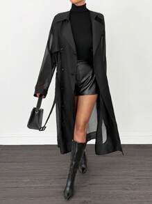 SHEIN Tall 2025 新款女式透明欧根纱长袖系带风衣夹克，简约时尚休闲日常穿着，优雅外套，适合春夏季，秋冬季情人节黑色罩衫透明外套 - 黑色 - 查看 5