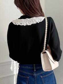 FRIFUL Women's Lace Embellished Color Block Long Sleeve Cardigan - Black - View 4