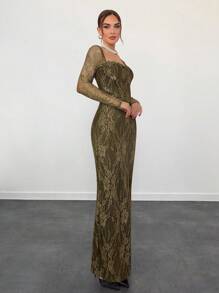 Aloruh 女士秋冬新款性感 S 形蕾丝长袖紧身胸衣美人鱼长款紧身连衣裙，适合派对、约会、晚会 - 軍綠色 - 查看 5