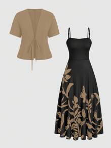 SHEIN Clasi 加大码女式花卉印花吊带背心连衣裙，带伞状下摆和短袖系带前夹克优雅套装 - 卡其色 - 查看 1