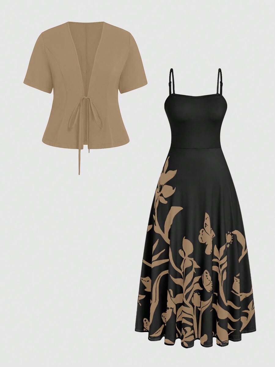 SHEIN Clasi 加大码女式花卉印花吊带背心连衣裙，带伞状下摆和短袖系带前夹克优雅套装 - 卡其色 - 查看 1