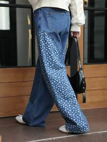 K-Vae Women's Autumn And Winter Small Floral Print Patchwork Jeans, Retro Country Style,Alloween Costumes,Chic Autumn