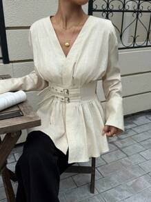 Siren Gaze 收腰双排扣双腰带长袖衬衫，柔软亲肤，杏色，上班度假皆宜