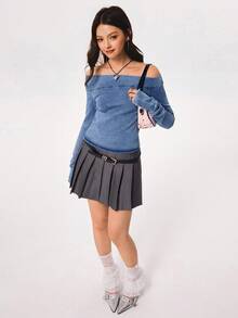 Rivivi 女式露肩长袖修身牛仔衬衫 - 淺色水洗藍 - 查看 5