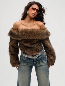 Aloruh 女士新款秋冬时尚露肩日常装复古套头衫修身翻领蓬松毛茸茸外套 - 棕色 - 查看 6