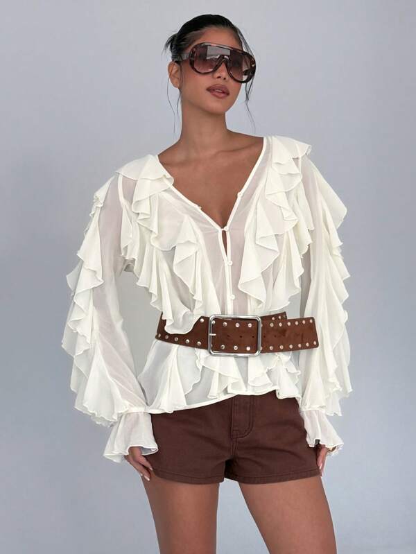 AiiRZ 波西米亚维多利亚风格衬衫，带有层叠荷叶边，纽扣前部长袖雪纺上衣，秋冬场合穿着分层单品