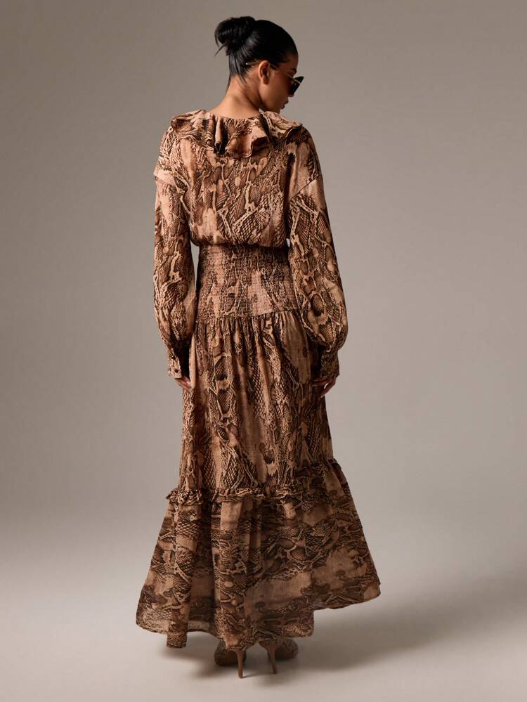 AiiRZ Snake Print Maxi Dress With Balloon Sleeves And Ruffles