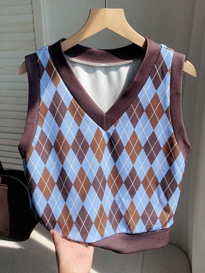 Comfortcana Women's Casual Y2k Argyle Print Tank Top,Back To School,Fall Plaid Vest,Fall For Women,Brunch For Women
