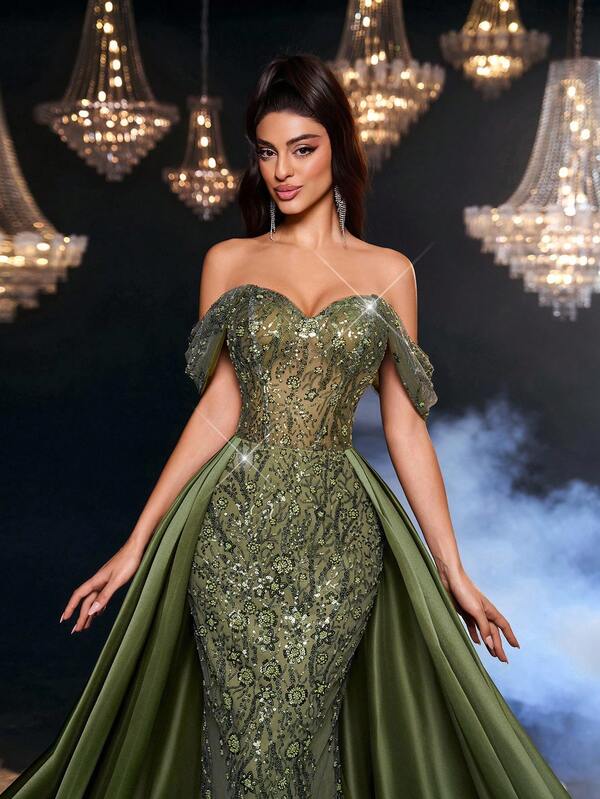 Glamrae Falda larga de satén de estilo sirena con parches florales bordados con cuentas y lentejuelas, con sobrefaldas y cola desmontables, elegante y lujosa, adecuada para bodas, fiestas, vacaciones, bailes de graduación y vestidos de noche (muy adornada)