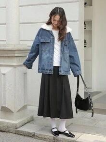 K-Vae 女秋冬深蓝色毛领复古日常牛仔外套圣诞牛仔夹克韩版风万圣节服装别致秋季 - 深色水洗藍 - 查看 1