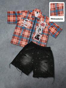 ROMWE MEN Street Life Summer Men's Plaid Rhinestone Embellished Shirt Paired With Black Washed Distressed Rhinestone Embellished Shorts Set