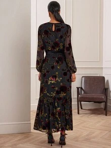 Lilora 女式休闲优雅天鹅绒连衣裙长款碎花连衣裙女式长袖长裙秋季女装天鹅绒碎花连衣裙黑色碎花长裙女式秋季服装优雅端庄 - 彩色 - 查看 3