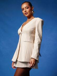 NYA SZN Lange Ärmel Blazer mit tiefem V-Ausschnitt, Knopfverschluss, bescheiden, formell, oversized, figurbetont, Business-Lässig, Alltagsmode, Hochzeitsgast, Brautjungfern-Outfits für Frauen - Weiss - Übersicht 5