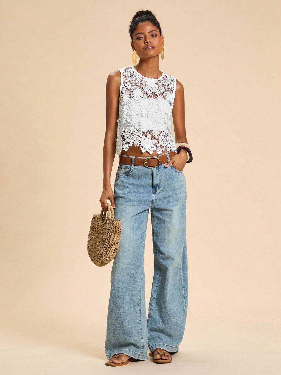 Travachic Vacation Casual Solid Color Hollow Out Lace Camisole White Lace Top Lace Tank Top Crochet Top Floral Lace Top White Crochet Top,Casual Woman Style, Fall Outfits For Women, Chic Autumn,Going Out Outfit,Elegant Outfits,Country Style For Women