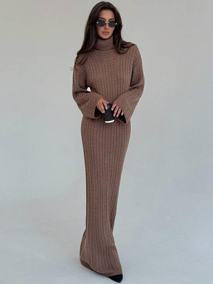 Aloruh New Arrival Autumn Simple Retro Cable Knit Long Fitted High Neck Loose Casual Sweater Dress,Fall - Coffee Brown - View 4