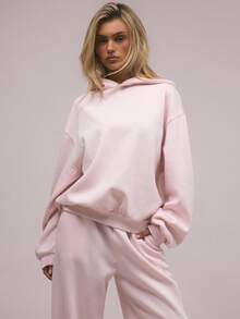 SHEIN PETITE CURVE 加大码抓绒连帽卫衣，适合毕业季、返校季、毕业典礼、教师节等场合，秋冬季女款 - 粉色 - 查看 6