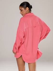 Jeanoix Women's Fashionable Y2K Button Down Drop Shoulder Long Sleeve Denim Jacket - Pink - View 3