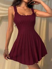 SHEIN EZwear Women's Casual Burgundy Knitted Sweater Dress,Fall - Burgundy - View 4