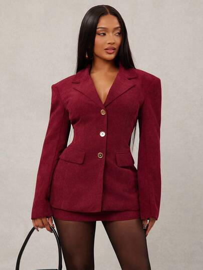 Radiana Autumn/Winter Vintage Elegant Commuter Burgundy Corduroy Suit Set - Waist Fitted Blazer + Low Waist Skirt 2 Pieces Set (Includes Shoulder Pads), French Elegant Suit Set For Date, Party, Holiday, Formal Occasions Blazer Skirt Set Slim-Fit Waist Suit Short Suit Set Women Burgundy Outfit Women