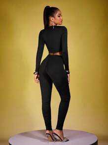 INAWLY 2pcs Women's Solid Color Tie-Front Sweetheart Neck Long Sleeve Crop Top And Leggings Set, Spring/Summer Fall Cloth For Women - Black - View 2
