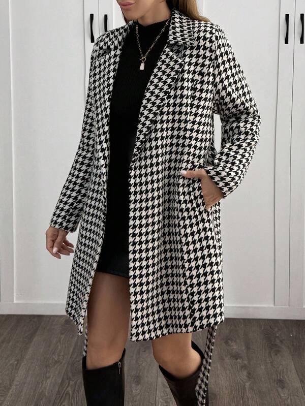 EURMUSE Women's Houndstooth Irregular Collar Long Sleeve Pocket Casual Loose Overcoat