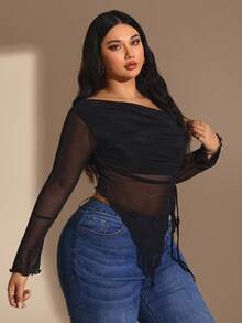 Hourglow Damen Große Größen Mesh Schleife Bluse, elegantes Sommerurlaubs-Outfit, geeignet für Valentinstag, Geburtstag - Schwarz - Übersicht 4