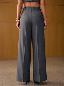 MOTF PREMIUM Pantalones de traje de pierna ancha con detalle de strass en la costura delantera, sin cinturón - Gris Oscuro - Ver 6