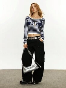 Rina Fox 女士时尚通勤撞色条纹短款毛衣