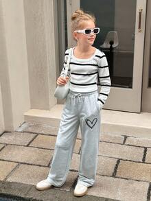 SHEIN 青少年女孩休闲宽松直筒针织运动裤，适合周末、休闲外出、返校、秋冬 - 淺灰色 - 查看 11